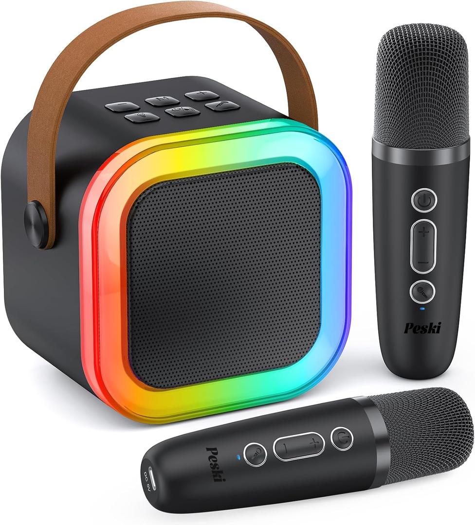 Karaoke Machine for Kids Adults, Portable Bluetooth Mini Karaoke Microphone Singing Speaker with 2 Wireless Mic and Light, for All Smartphones,Birthday, Family,Home Party (Black)