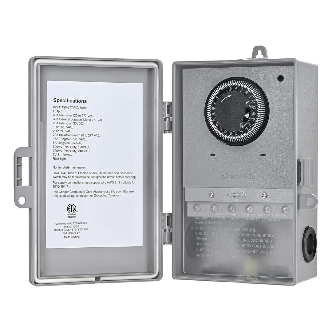 DEWENWILS Pool Pump Timer, Mechanical Timer Box Outdoor, Heavy Duty 2HP 40A 120-277 VAC, 24-Hour Programmable ON/Off Timeable Switch for Water Heater, Pool Pump, ETL Listed