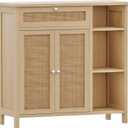 Irontar Rattan Bathroom Cabinet with Doors, Bathroom Floor Cabinet with Drawer & Adjustable Shelf, Kitchen Cupboard Storage for Living Room, Entryway, Natural