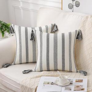 Smile Bee Spring Boho Outdoor Throw Pillow Covers Set of 2, Decorative Woven Striped Pillow Covers with Tassels for Couch Bed Sofa, 20x20 Inch, Black and Cream White