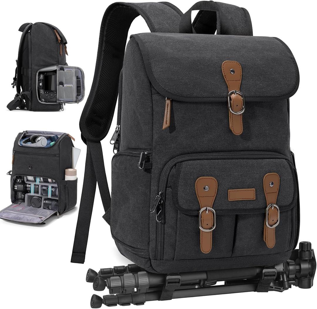 RAINSMORE Camera Bag Backpack for DSLR/SLR Mirrorless 15.6 Inch Laptop Camera Back Pack for Photographers Anti-Theft Photography Bags Case with Tripod Holder & Rain Cover, Black