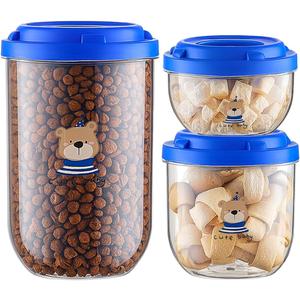3-Pack Airtight Dog Treat Container Set - Clear Plastic Pet Food Storage Canisters for Kitchen Counter Pantry Organization - Small Stackable Jars for Cat Snacks, Bird Hamster Food, Blue Lids