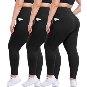 3 Pack Plus Size Leggings with Pockets for Women - High Waisted Tummy Control Spandex Soft Black Workout Yoga Pants (Black, XXL)