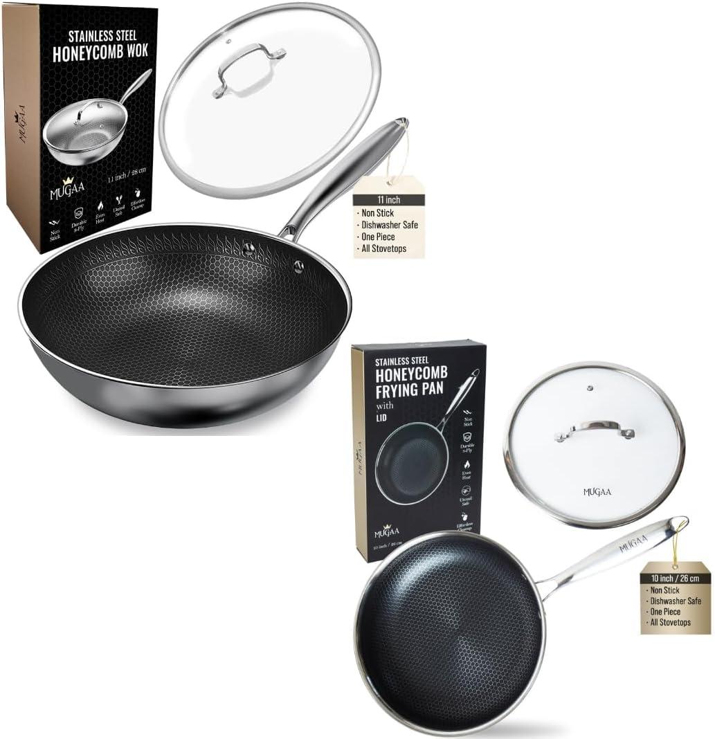 Nonstick Stainless Steel Pan Set  11 Wok with Lid + 10 Frying Pan with Lid, Tri-Ply Honeycomb Hybrid Pans, Premium Kitchen Bundle