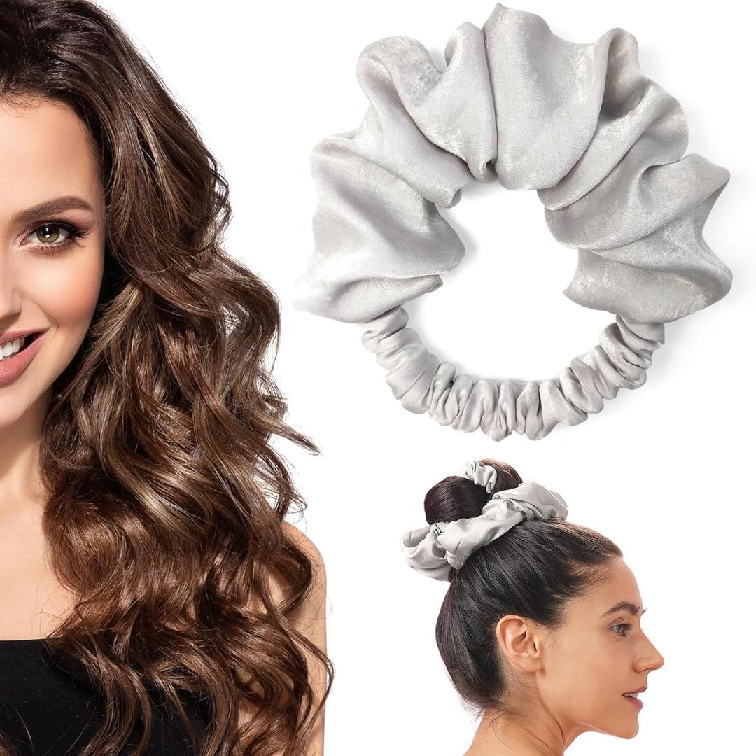 Heatless Curling Scrunchie, Heatless Hair Curler to Sleep In, No Heat Curls for Long Hair, Soft Sleep Hair Roller (Light Grey)