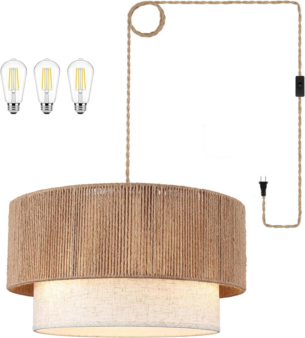 Plug in Pendant Light, 18" Rattan Plug in Chandelier with Linen Fabric Shade, E26 On/Off Switch, Plug in Hanging Pendant Light for Dining Room Living Room Kitchen Foyer