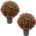 21.6” Tall Artificial Rose Topiary Ball Tree Set of 2 Pack, Faux Boxwood Ball Tree UV Resistant Potted Bushes Fake Plants for Outdoor Front Door Porch Home Office Decor