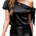 VIDUSSA Women's Off Shoulder Silk Tops Casual Short Sleeve Asymmetrical Neck Satin Blouse Shirts Size S