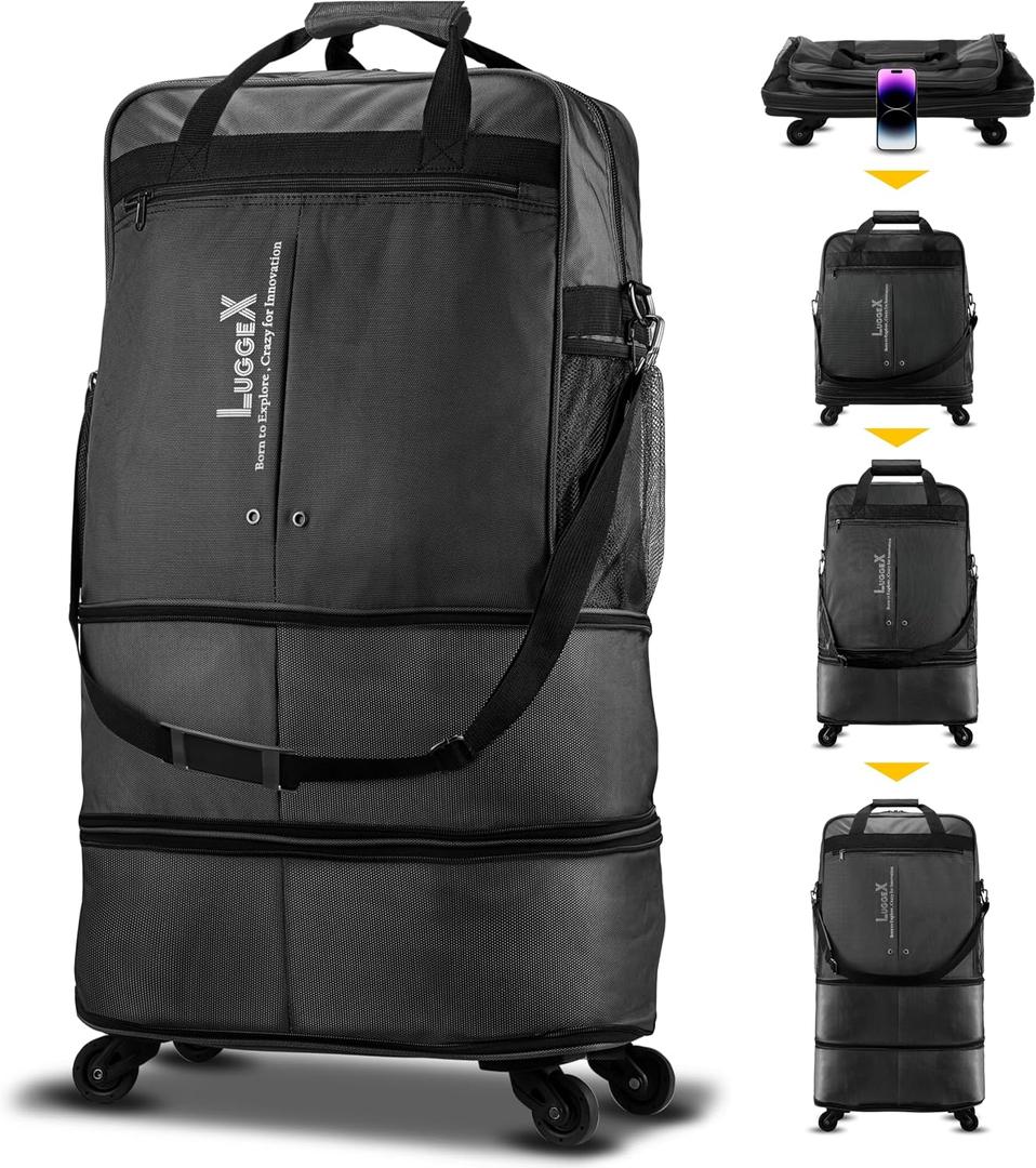 LUGGEX Travel Duffel Bags, Expandable Collapsible Luggage with Spinner Wheels, Lightweight, without Telescopic Handle, Large Capacity Suitcases with Wheel for Men Women (Black, 55L-113L), Medium