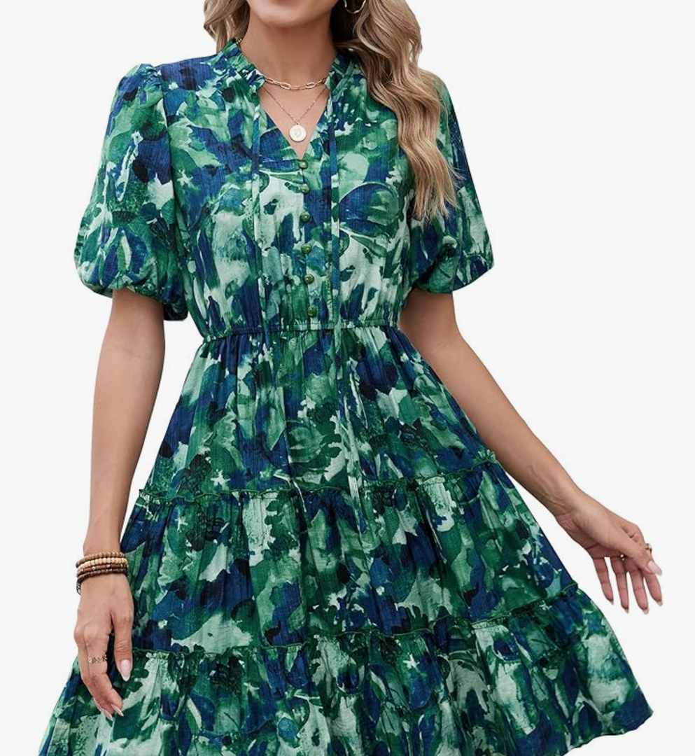 BTFBM Women Summer Floral Short Dresses V Neck Short Sleeve Tiered Ruffle Boho Swing Dress A-Line Mini Dresses Size XL