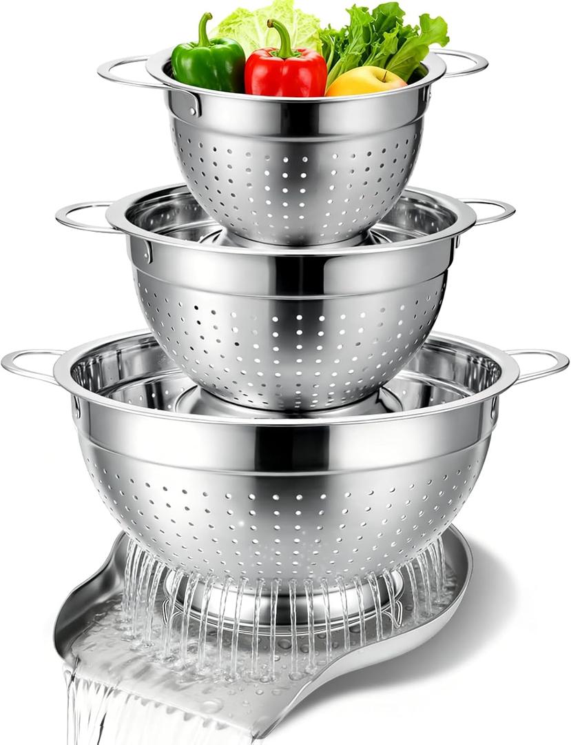 Palksky Stainless Steel Colander Set with Handles & Self-Draining Base, 3 Sizes (7, 9, 11), Heavy Duty Pasta Strainer, Rice & Vegetable Strainer, Countertop Draining System