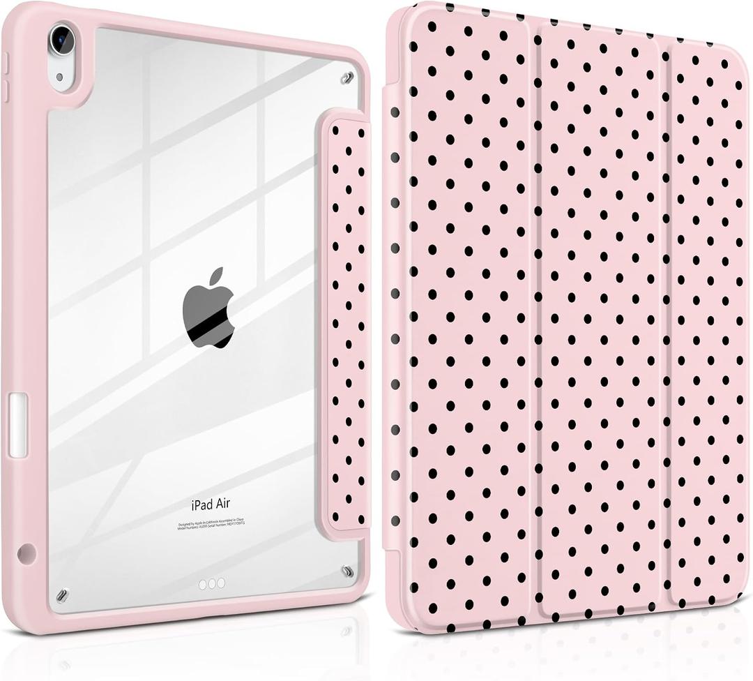 Case for iPad Air 11 Inch M4 M3 M2 2026 2025 2024, iPad Air 5th 4th Generation 10.9 Inch 2022 2020-[Pencil Holder], Shockproof Clear Hard Back, Trifold Stand,Auto Wake/Sleep, Pink Polka dot