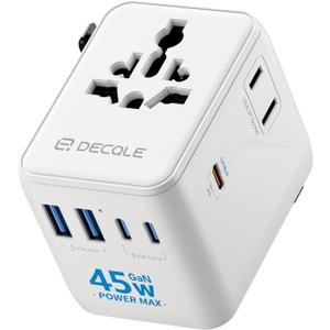 Universal Travel Adapter, International Travel Plug Adapter with 3 USB-C 2 USB-A Ports 45W, All in One Portable Socket, for USA, UK, EU, AU 224+ Countries (White)