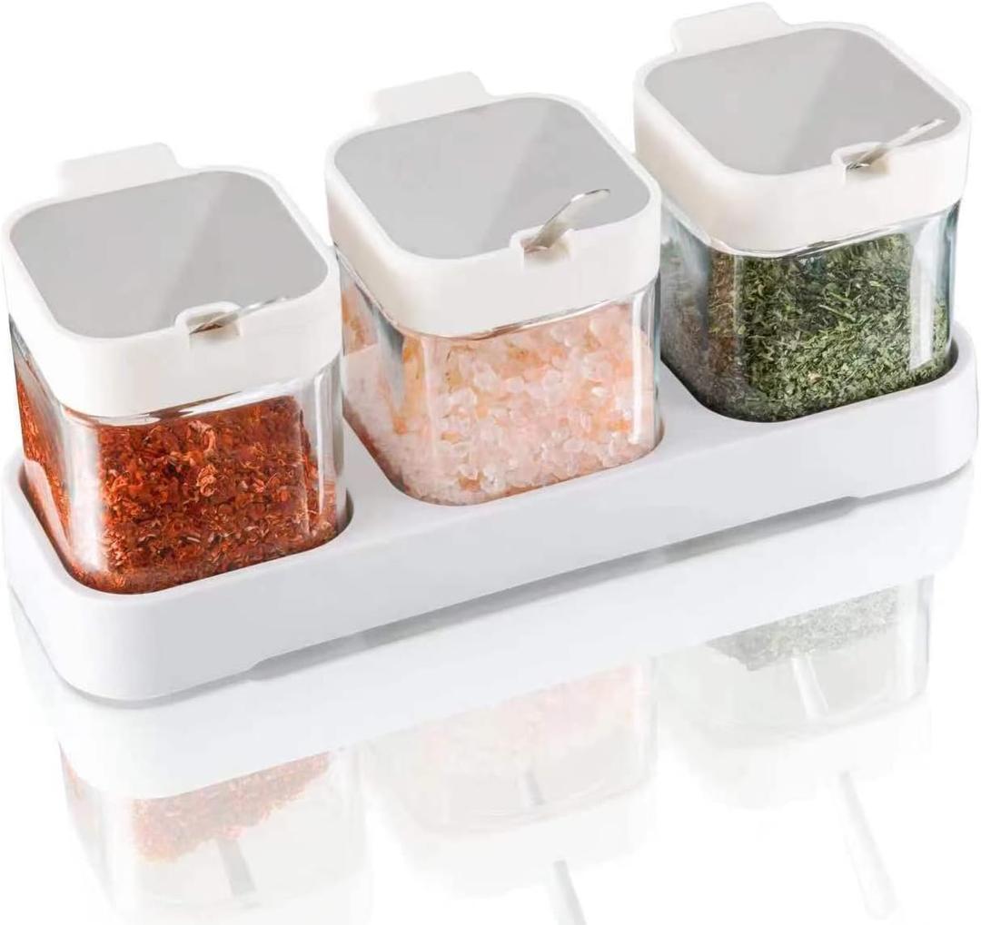 Mlici 8.6 oz Condiments Container Seasoning Jars, Kitchen Spicy Jars with Lids and Spoons, Tea Coffee Sugar Canisters Glass Spice Box, Set of 3, Containers, White