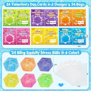 Valentines Day Gifts for Kids, 24 Packs Stress Balls with Valentines Day Cards for Kids School, Stress Relief Squeeze Toys for Boys Girls, Valentine Exchange Cards for Kids, Valentines Party Favors