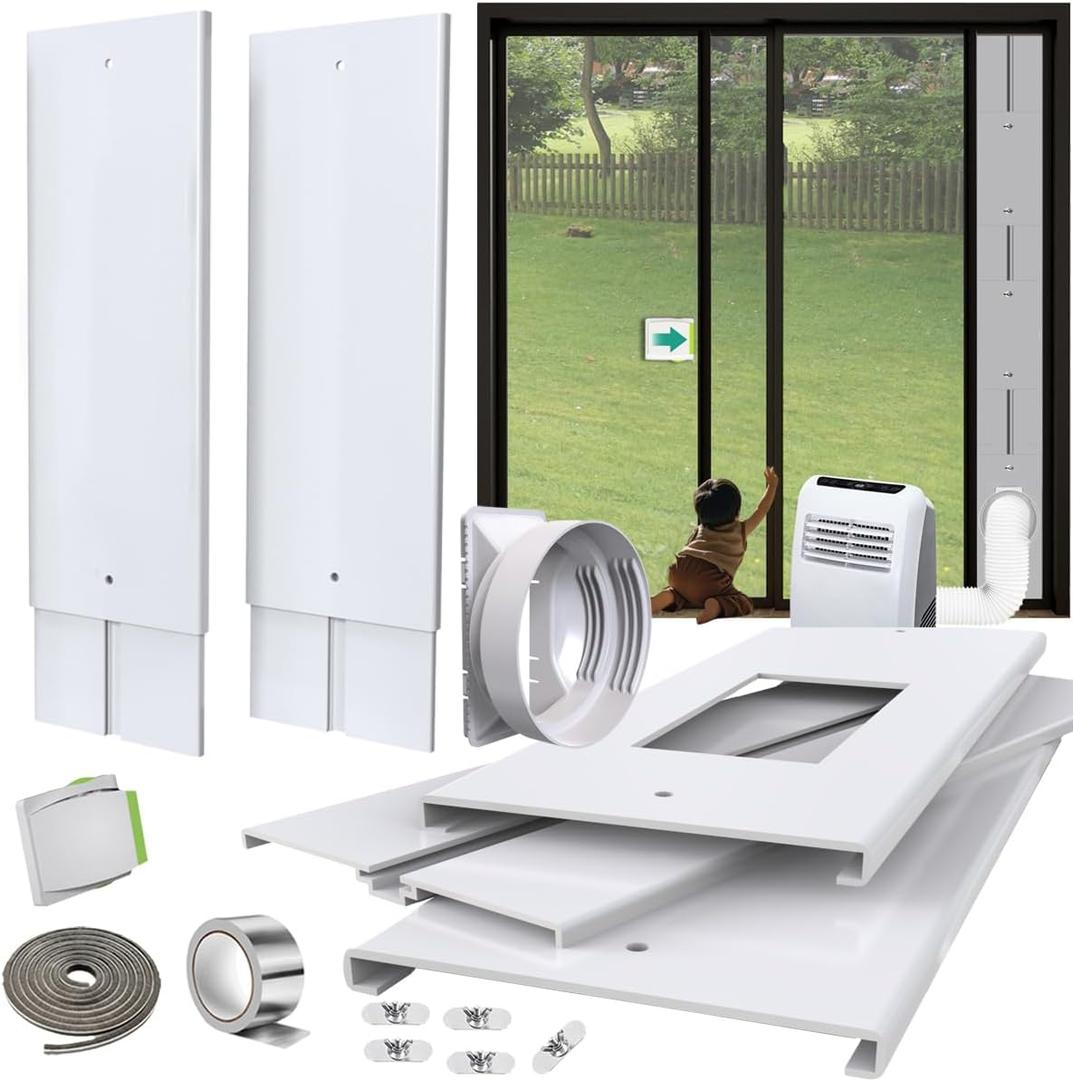 Gulrear Max 105" Sliding Door AC Vent Kit with Security Lock & 2 weather strippings Energy Saving Airtight Universal 5.0/5.9 Inch AC Hose Coupler Portable AC Balcony Door/Window Seal Plates kit