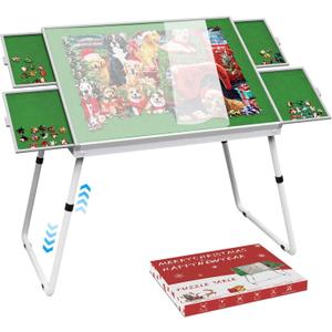 Jigsaw Puzzle Table Adjustable Height-18,28inch,3 in 1 Design 35"26" Metal Puzzle Table with Legs Aluminium for Adluts and Kids,Foldable with Drawers,Felt,and Cover (Green)