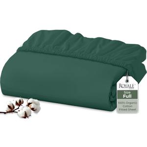 Royale Linens 100% Organic Cotton Fitted Sheet - Percale Weave - Super Soft Deep Pocket Bottom Sheets - Elastic Sheet Full Size - Full Fitted Sheets Only - (54"x75"+15", Hunter Green)