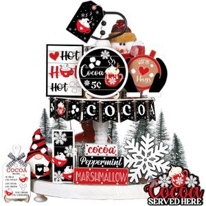 Dandat 16 Pcs Christmas Tiered Tray Decor Hot Cocoa Bar Snowflake Wooden Signs Hot Chocolate Bar Supplies Christmas Table Decoration Rustic Farmhouse Decor for Xmas Winter Home Table Shelf
