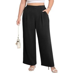 Lastshe Plus Size Pants for Women Wide Leg Elastic High Waist Work Casual Slacks Pull on Palazzo Trousers Spring Clothes (Black, XXXL)