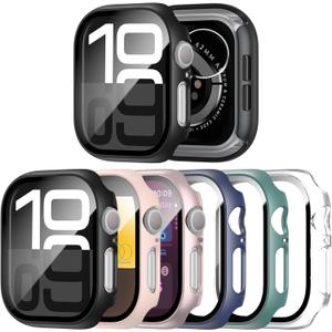 6 Pack Case with Tempered Glass Screen Protector for Apple Watch Series 11 Series 10 42mm, Full Protective Hard PC Bumper Cover for Apple Watch 42mm (Black/Clear/Rose Gold/Pink/Blue/Green)
