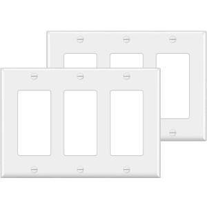 [2 Pack] BESTTEN 3-Gang Decorator Wall Plate, GFCI Outlet and Dimmer Switch Cover with 3 Decorator Openings, Standard Size, H4.53 x L6.38, Unbreakable Polycarbonate, UL Listed, White