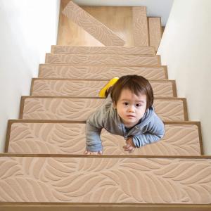 8" x 30" Stair Tread Carpet, 15PCS Non-Slip Stair Treads for Wooden Steps Indoor Staircase Carpets Runners Rugs Safety with Reusable Adhesive for Elders, Kids and Dogs (Leaves Pattern, Camel)