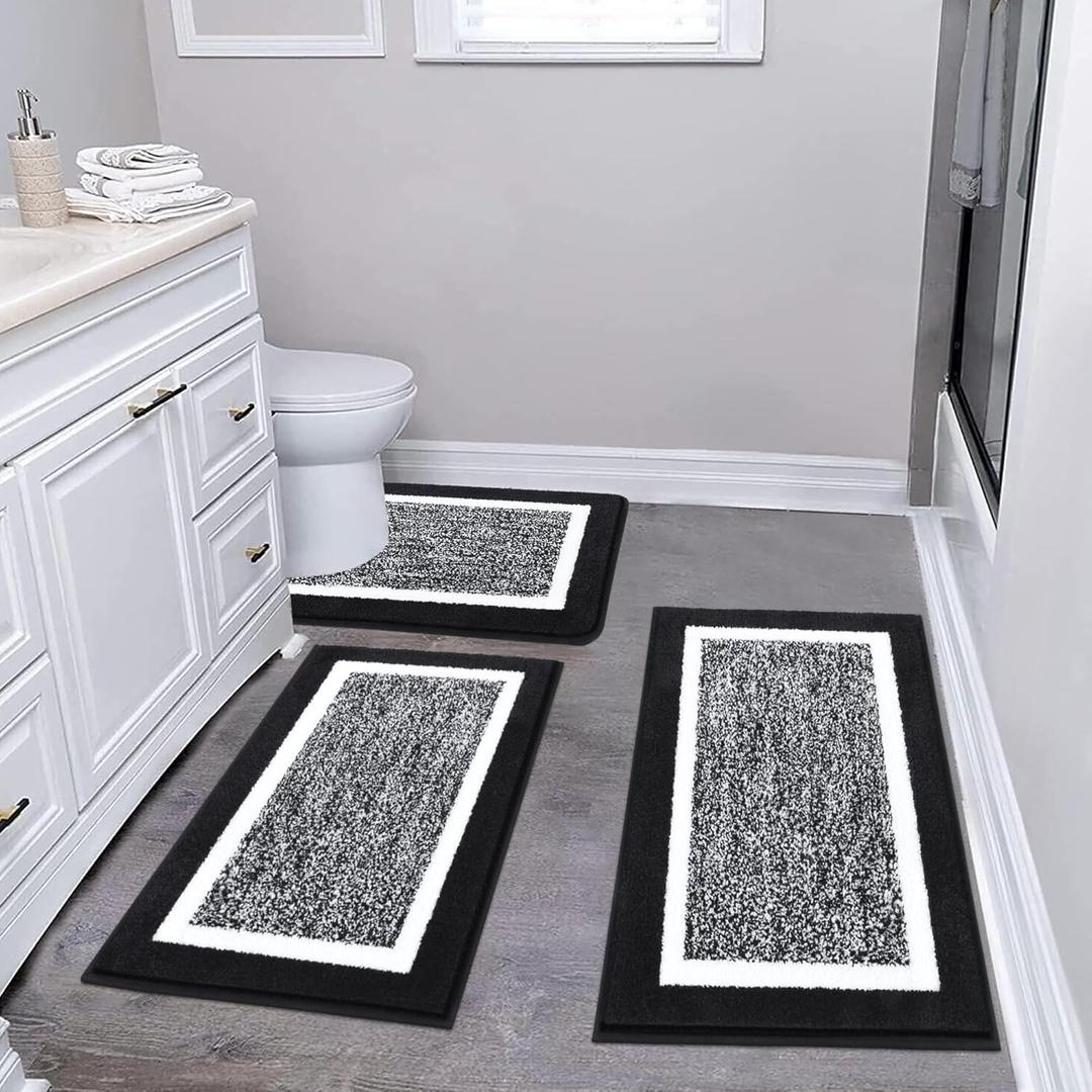 Pauwer Bathroom Rug Sets 3-Piece Shower Rugs with U-Shaped Contour Toilet Mat Absorbent Microfiber Plush Bath Mats Non Slip Machine Washable Shaggy Bathroom Floor Mats, Black (18"x26"+20"x32"+U Shape 20"x24")