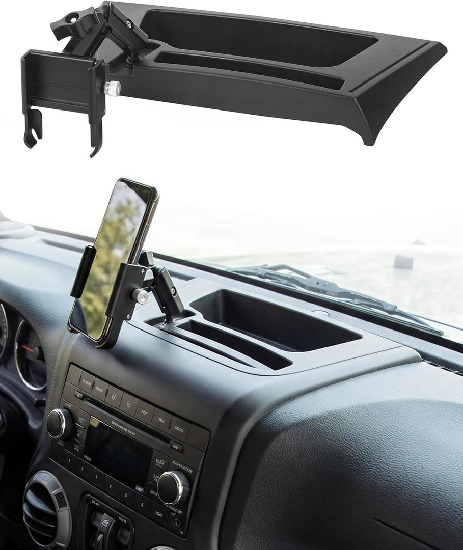 Nilkatss Upgrade Phone Mount Compatible with 2011-2018 Jeep Wrangler JK JKU w/ Dash Tray Storage Box, Aluminum Alloy Double Ball & Socket and 4.7‘’-7.2" Smartphone for Jeep Wrangler Phone Holder