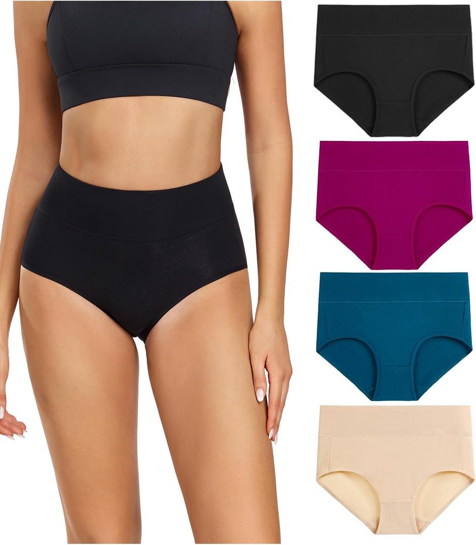 wirarpa Women's Cotton Underwear High Waisted Ladies Panties Full Coverage Briefs 4 Pack (Regular & Plus Size) (Large, Black/Deep Red/Teal/Beige)