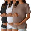 Ficerd 3 Pack Women's Maternity T Shirts, Short Sleeve Side Split Pregnancy Tops Casual Crew Neck Pregnant Tees Mama Clothes (Large, Black, White, Coffee)