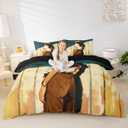 Castle Fairy Western Cowgirl Bedding Set Retro Farmhouse Style Comforter Cover Old Wood Plank Duvet Cover Boys Girls Room Decor Yellow Teal Queen Bedding Collection 3Pcs,No Comforter