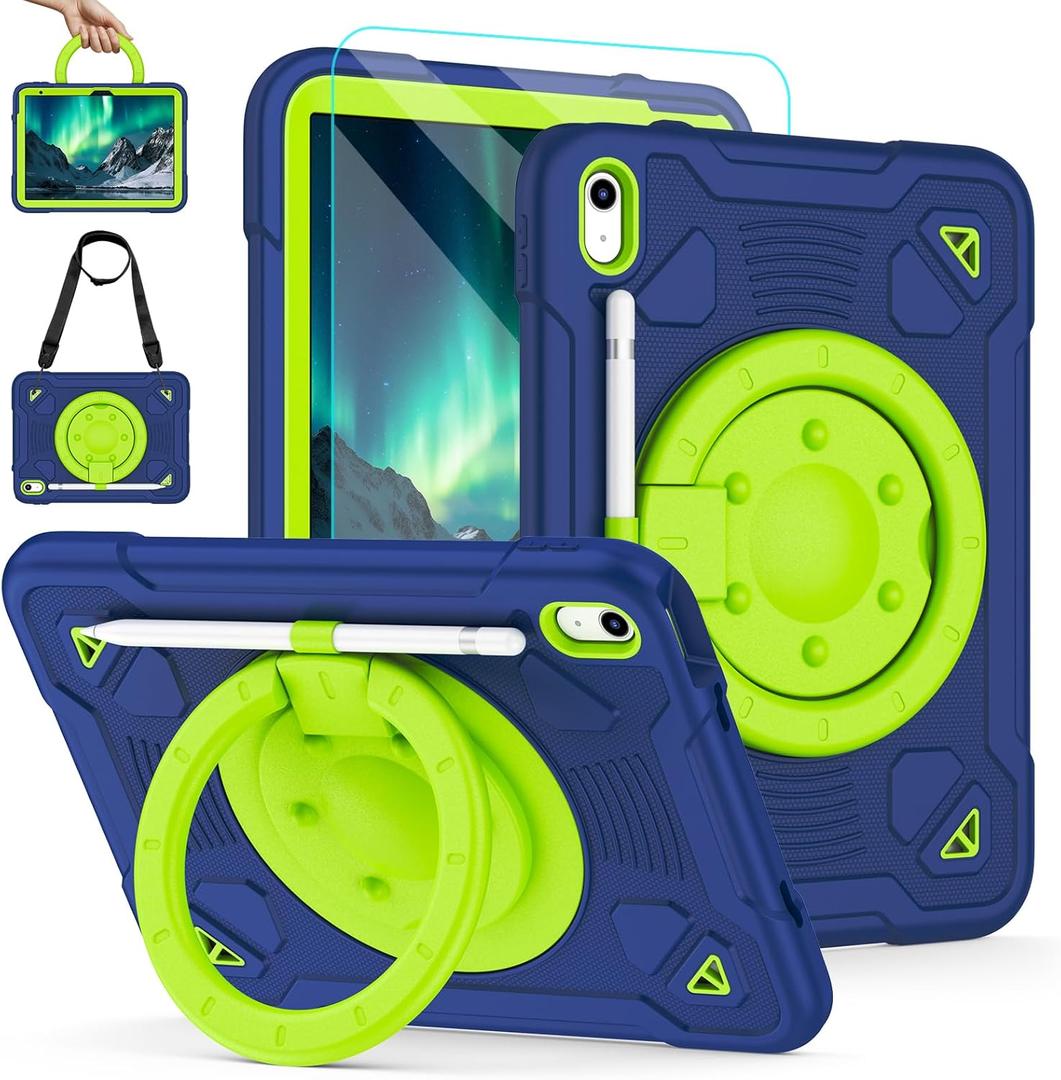 For iPad (A16) 11th Generation Case 11 Inch 2025, iPad 10th Generation case 10.9 Inch 2022, Shockproof Case with Screen Protector, 360 Rotating Stand Shoulder Strap Pencil Holder (Navy+Green)