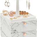 Marble Jewelry Display Tray and Makeup Organizer with Drawer for Vanity (7.3 x 7.7 x 13 in)