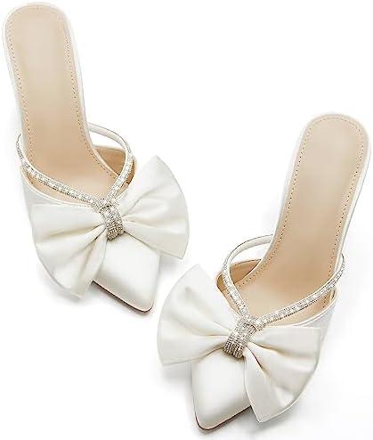 Coutgo Womens Bow Heels Mules Pointed Closed Toe Sandals Rhinestone Satin Backless Wedding Shoes Size 10