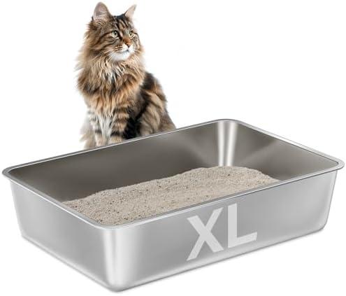 EGMEHOAD Stainless Steel Litter Box -6in High Sided,XL Metal Cat Litter Box for Big Cats Easy to Clean, Cat LitterBox Metal Pet Toilet for Adult Big Cats,Non Stick, No Smell,23.6"x15.8"x6"