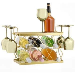 Countertop Wine Rack Organizer - Holds 6 Oversized Bottles & 4 Glasses | Freestanding Small Metal Bottle Holder, Perfect for Home Dcor, Kitchen Storage and Cabinet | No AssemblyGold