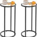 Easy Paws Round Side Table, Glass C Shaped Table, Couch End Table, Tempered Glass Snack Table with Metal Frame, Sofa Couch Bedside Table, TV Tray Table for Small Space (Black, 2pcs)