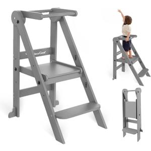 Foldable Toddler Tower, 3 Adjustable Height Toddler Standing Tower, Wooden Kids Kitchen Stool Helper with Safety Rails, Space Saving Kids Step Stool - Ages 18 Months to 6 Years (Gray)
