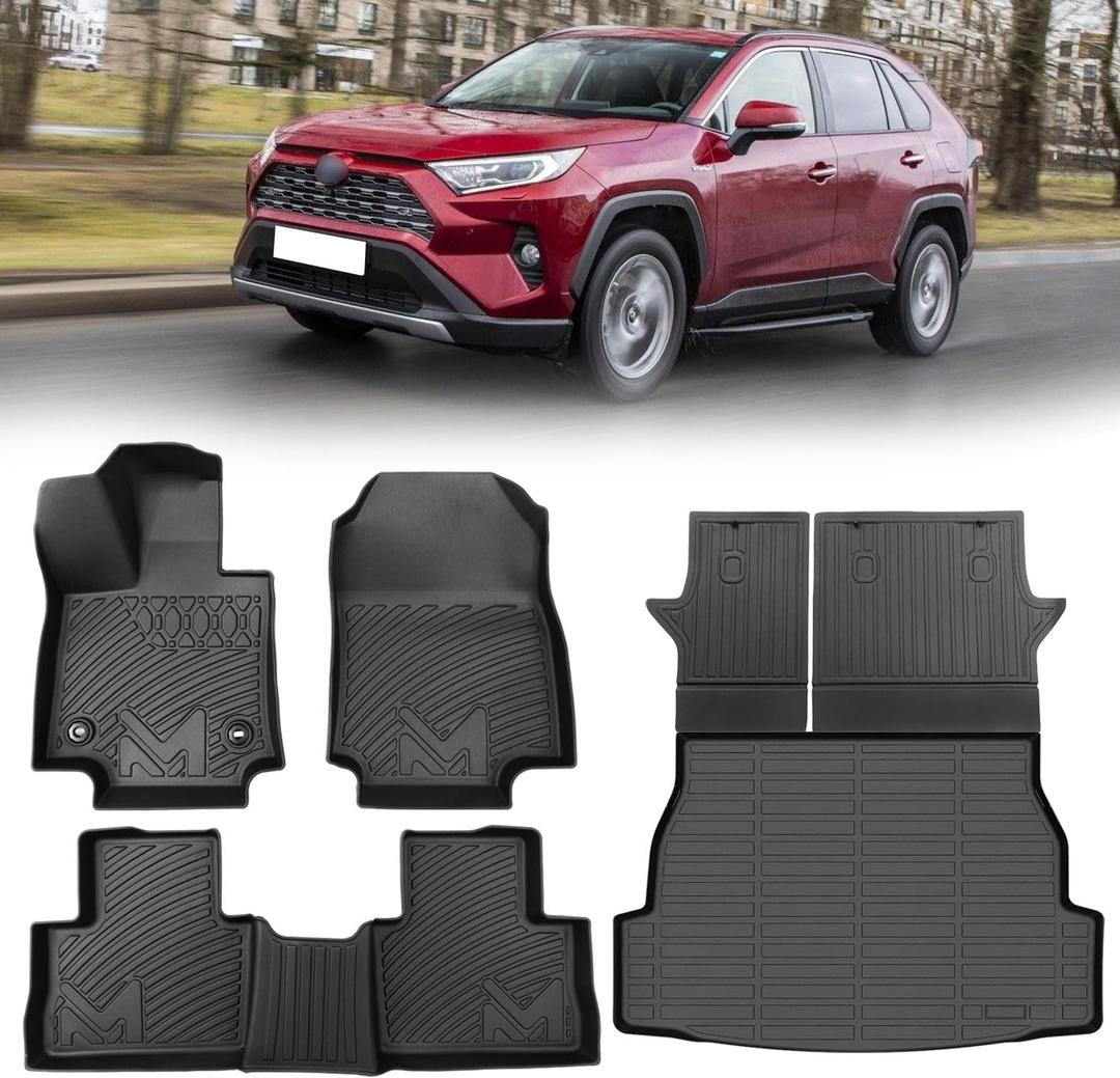 TPE Automotive Floor Mats & Cargo Liner Custom for Toyota Rav4 2019-2025 (Include Hybrid), All Weather Cover Protection Waterproof Black Front & Rear Row Full Set Car Mats & Backrest Mats, 6PCS