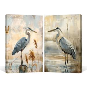 ZQQART 2 Pieces Blue Heron Canvas Wall Art Heron on Beach Canvas Painting Art Coastal Birds Picture Prints Farmhouse Bathroom Wall Decor Framed(Blue,20.00"x30.00"x2Pcs)