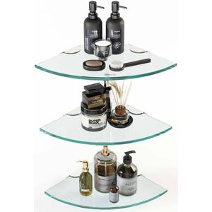 Set of 3 Shower Wall Mount Tempered Glass Shelves - Corner Shelf for Shower Organizer, No Drilling, Adhesive Mount