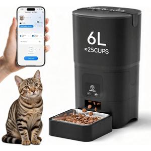 PAPIFEED Automatic Cat Feeder with App, 2.4G WiFi Cat Food Dispenser, 6L Timed Cat Feeder for Dry Food, 10 Meals/Day, 12 Portions/Meal, Dual Power Supply Smart Pet Feeder for Small Dog, Black