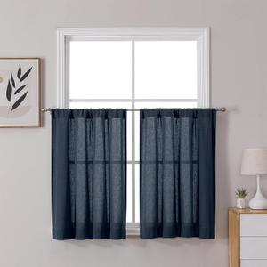 OWENIE Colin Short Navy Blue Cafe Curtains Tiers 36 Inch Length 2 Pieces, Modern Linen Textured Semi Sheer Soft Light Filtering Panels for Basement Bathroom Small Windows, 2 Panels, 42x36 Inch