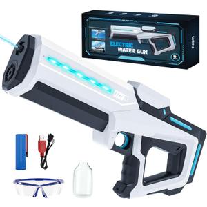 Electric Water Gun for Adults Kids,Battery-Powered Squirt Toy with Tank, LED Light,Automatic Water-Absorption,Summer Outdoor Beach Play,Pool Garden Fun for Kids Age 8 9 10 (White)