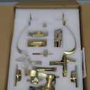 LOQRON Double Front Door Handle Set with Dummy and Deadbolt, Brushed Gold Entry Front Door Lock Set with Gold Classic Half Grip Curved Door Handle for Exterior Doors or Office, Satin Brass