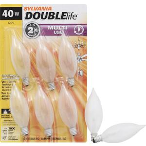 Sylvania Double Life Incandescent Light Bulb, B10, 40W, Dimmable, Candelabra Base, 285 Lumens, Frosted - 6 Count (Pack of 1) (15323)