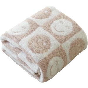 Ultra Soft Cozy Happy Smiling Face Checkered Knitted Throw Blanket Fluffy Microfiber Checkerboard Bed Blanket Lightweight Both Sides Blanket for Couch Sofa Bed (Smile Cream, Throw 50x60)