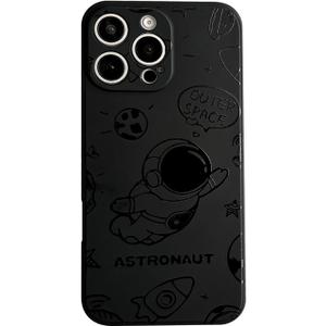 for iPhone 15 Pro Cute Case, Cool Cartoon Astronaut Rocket Moon Space Design Stylish Soft TPU Bumper Shockproof Anti-Slip Protector Fashion Case (Fly Black, iPhone 15 Pro)