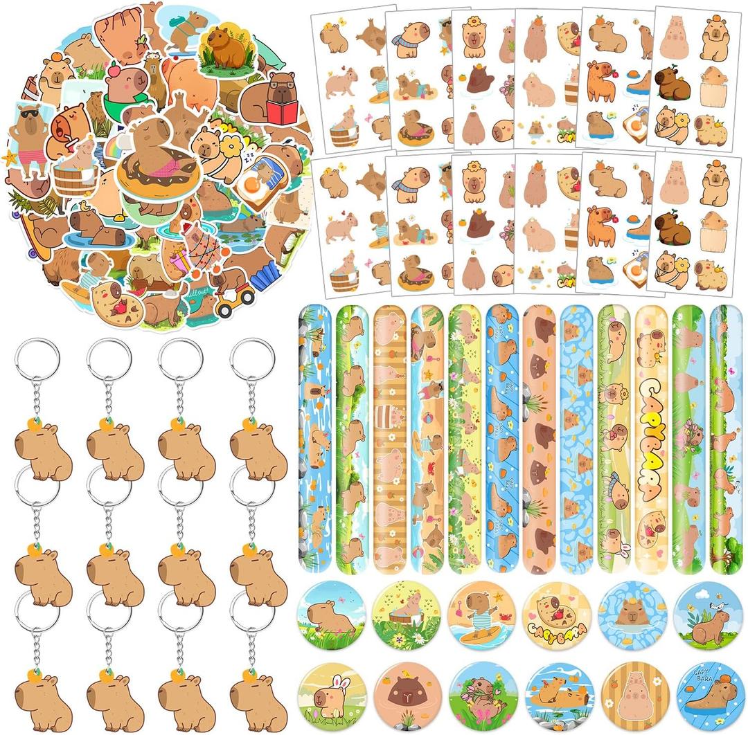 98 PCS Capybara Party Favors, Capybara Temporary Tattoos, Slap Bracelets, Keychains, Stickers, and Badges for Kids Capybara Birthday Party Decorations and Classroom Rewards